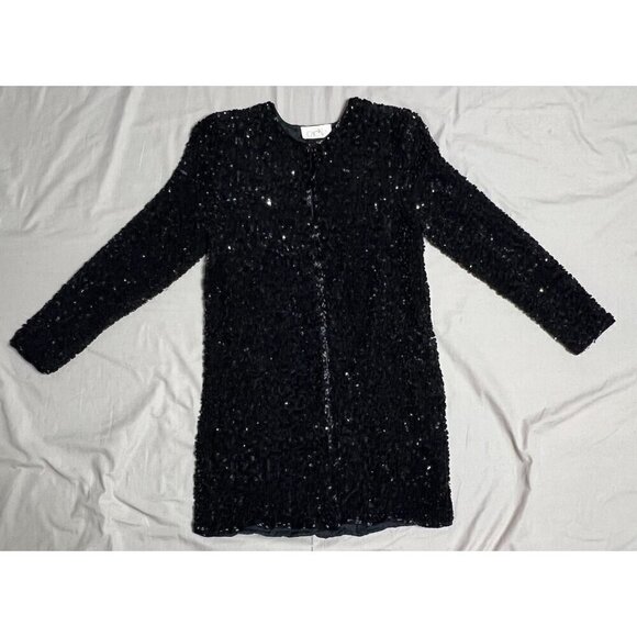 Cache Vintage Black Sequin Textured Silk Cardigan Jacket Women's Medium Formal - Picture 3 of 12